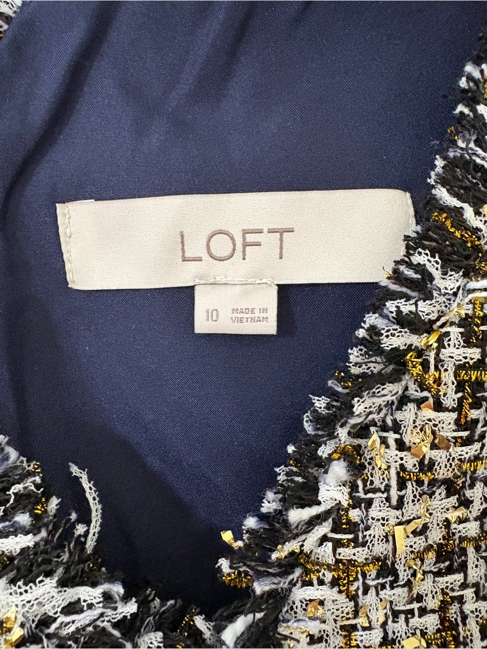 Ann Taylor LOFT Metallic Tweed Sleeveless V-Neck Shift Dress Preppy Navy 10 - Picture 8 of 10